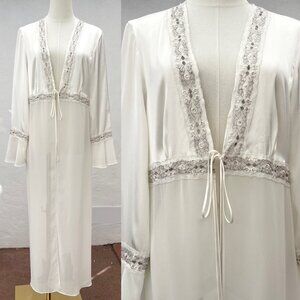 Delicates White Sheer & Silky Peignoir Long Sleeved Embellished Dressing Gown M